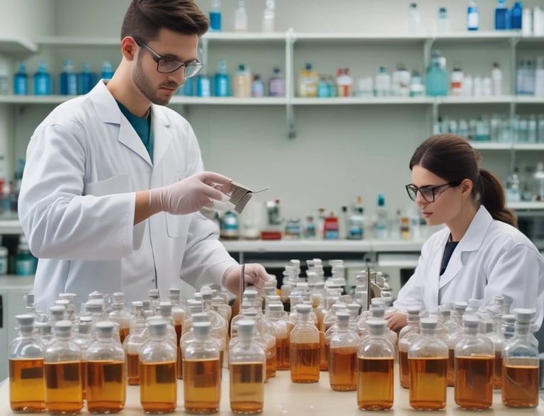 A dimly lit room with a fluorescent green glow coming from a double door. A plant with long leaves is positioned in front of the door. A small cart with a transparent top holds a bottle and a plastic container, while two large bottles are stored in its open shelves. A refrigerator is visible in the corner with papers attached to its front.