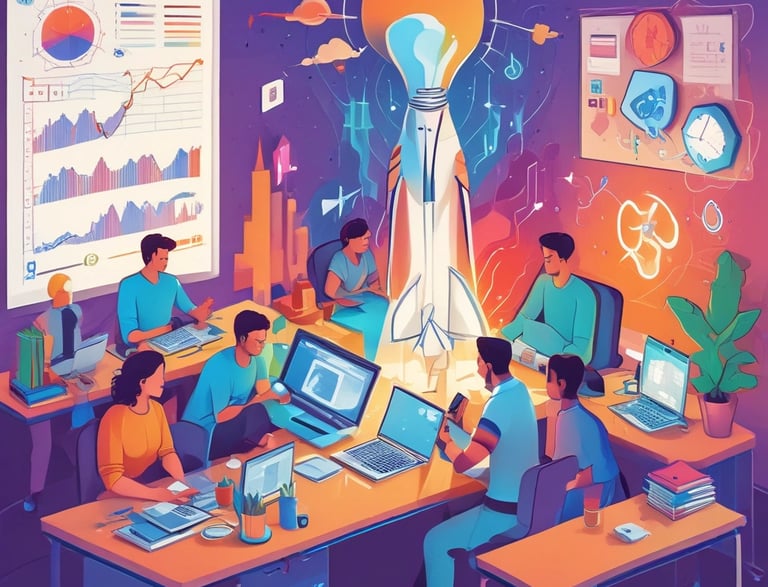 A graphic with text reading 'Exploring Opportunities for D2C Startups in the Post-COVID-19 World.' It features a target with an arrow, a computer monitor displaying an upward graph, a calendar, a rocket icon, and a clipboard with colorful sticky notes.