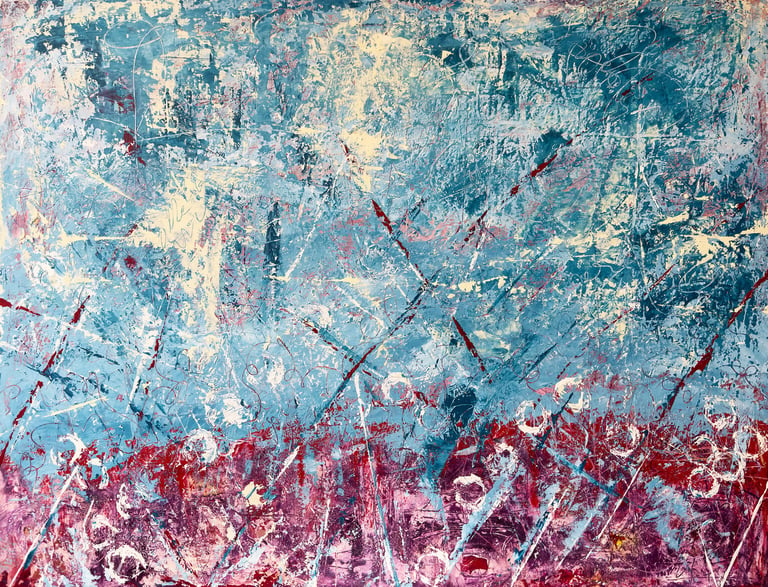 Abstract expressionist painting with textured teal, blue, and burgundy palette knife strokes and scribbled lines.