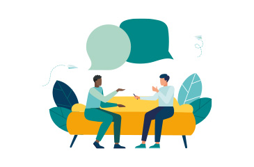 two people sitting at a table with speech bubbles