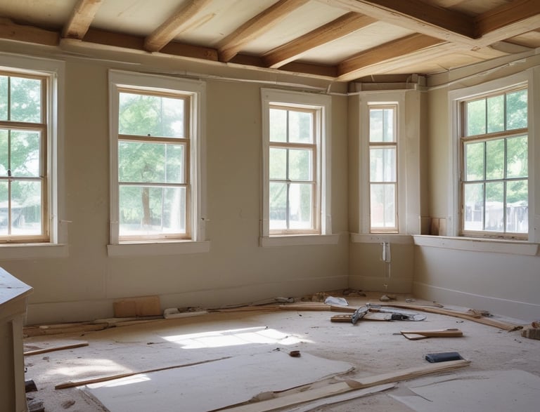 The image depicts a construction site with workers building a small structure made of concrete blocks. There are wooden scaffolding and support beams in place, and the site is surrounded by palm trees, conveying a tropical setting. Construction materials such as blue tarpaulin and concrete blocks are scattered around the area.