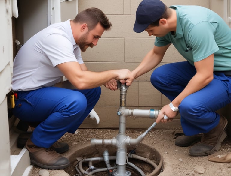 two men in blue overalls inspecting a drainage system