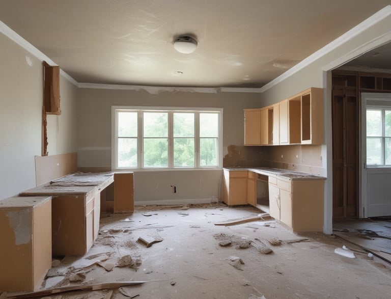 Aerial view of a construction site featuring multiple partially constructed buildings with a combination of flat and sloped roofs. The site is surrounded by a mix of residential houses and green areas. There are construction materials scattered around, and the roads nearby are bordered by trees and small residential properties.