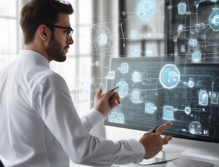 A sign for 'Shallom Komputer' is displayed prominently on the facade of a building, surrounded by lush green trees. The sign offers information about services related to hardware, software, networking, and accessories. The building features several rectangular windows and air conditioning units.