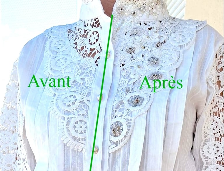 Superbe chemise blanche en coton et dentelle - Travail de broderie  commencé sur le côté droit