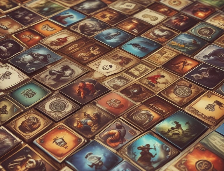 A board game setup with colorful wooden game pieces, known as meeples, placed on square tiles. The tiles depict green fields and small sections of villages or roads.