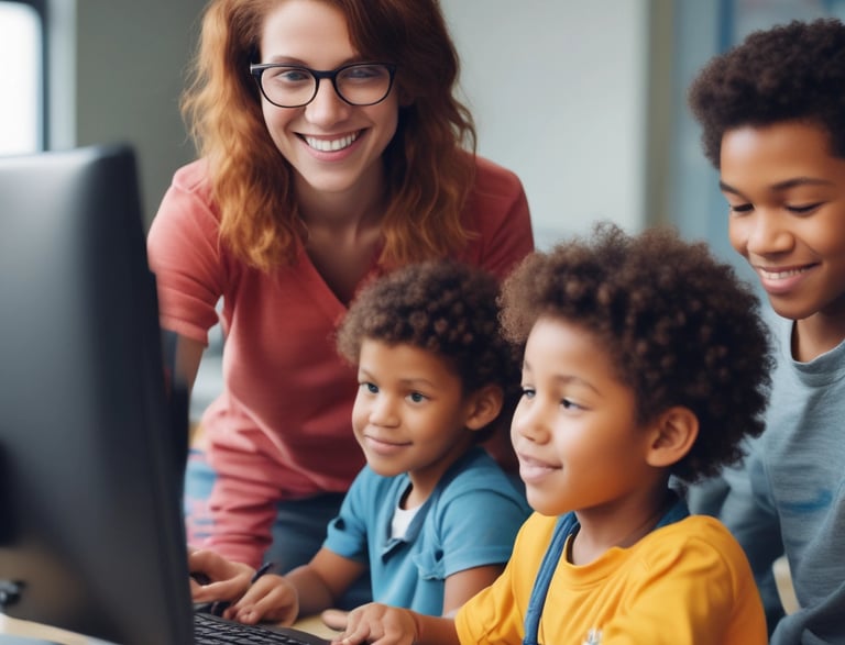 A woman and two children are sitting at a desk, engaging in a learning activity with books and pens. A large educational poster with diagrams and blue backgrounds is hanging on the wall behind them.
