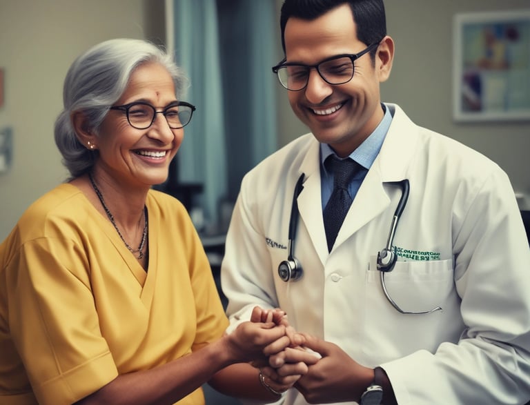 A friendly cardiologist consulting with a patient in a warm clinic setting.