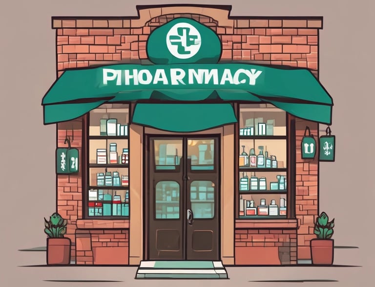 Bright neon signs in orange and yellow light up the storefront of a pharmacy, visible through metal security bars. The silhouette of a person walking by is prominent in the foreground, set against the vibrant colors. Additional signage displays a lottery number in bright white and blue.