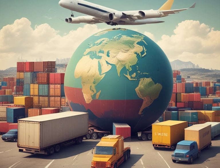 a plane flying over a large globe with cargo containers and trucks