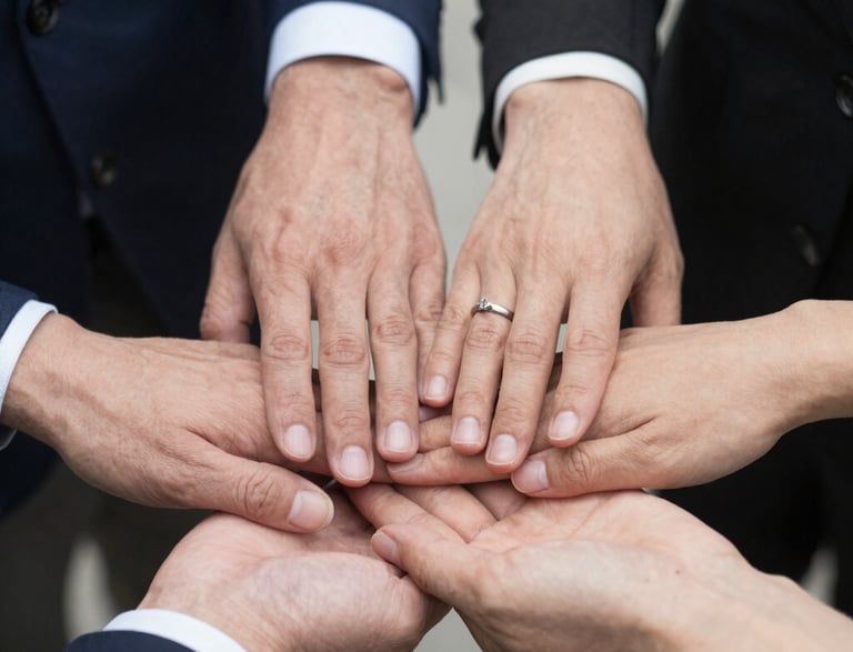 A warm, inviting photo of diverse hands joining together in collaboration outdoors.