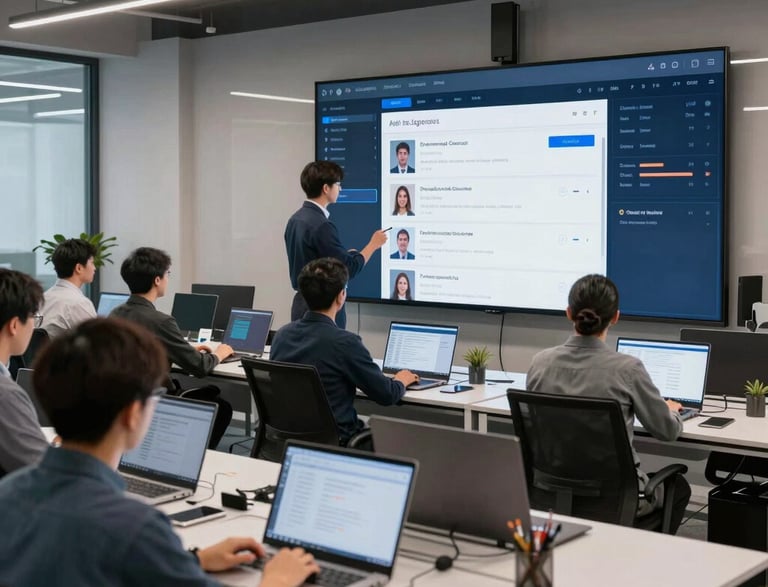 A monochromatic indoor scene featuring a consultation area with a modern design. Two people are seated at a long wooden table, working on laptops, while another person stands nearby. Bookshelves are visible beneath the table, and a sign reads 'Consultation Specialisee'. Overhead lighting and glass partitions add to the contemporary architectural style.