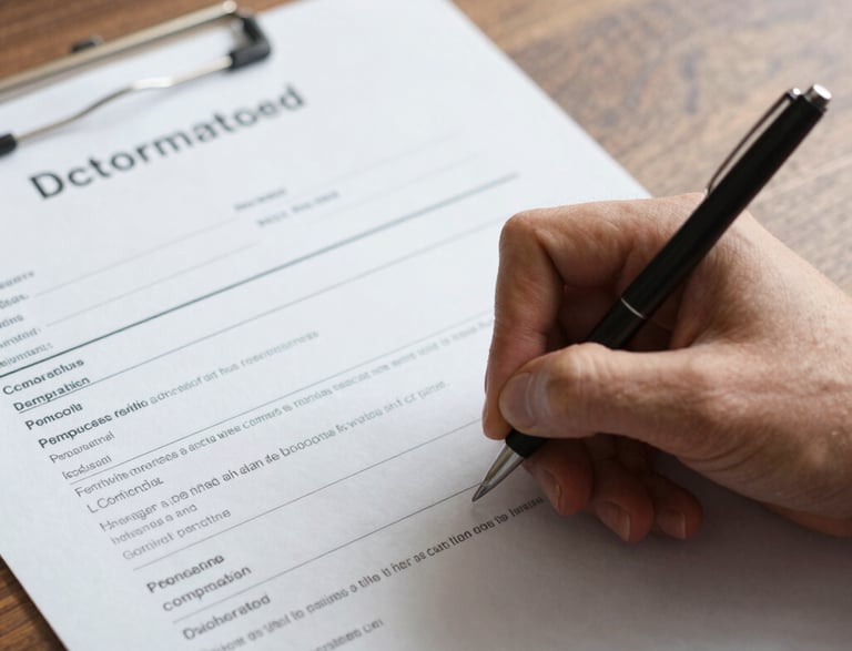 A close-up of a hand filling out a waiver form on a clipboard with a pen.