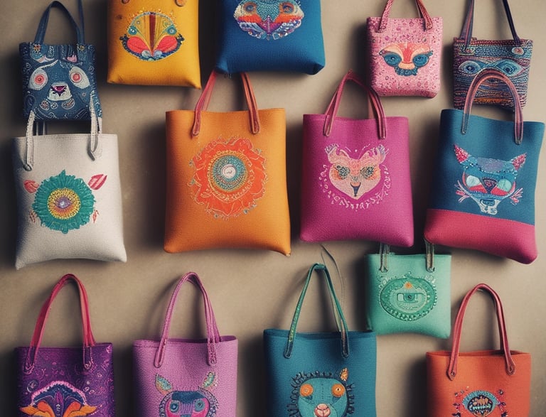 Handcrafted bags displayed on a wooden table with natural lighting.