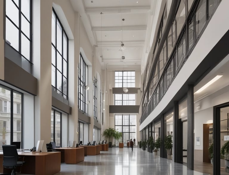 A modern multi-story building with numerous windows, featuring a central entrance labeled 'Leasing Office'. A pathway leads up to the entrance, bordered by manicured plants and palm trees. A zebra crossing stretches across the asphalt road in front of the building.