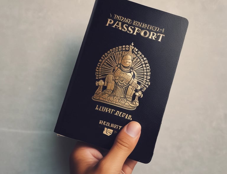 A hand is holding a brown passport with an emblem and text on the cover that indicates it is a Thailand passport. The text is in both Thai and English, and the background is plain and light-colored.