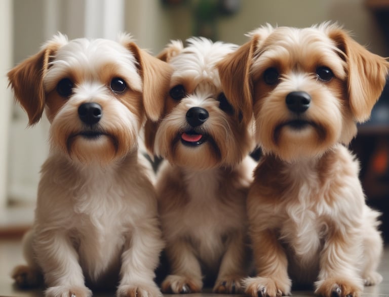 Three small tan and brown dogs sitting down. They are in a row all next to each other looking ahead.
