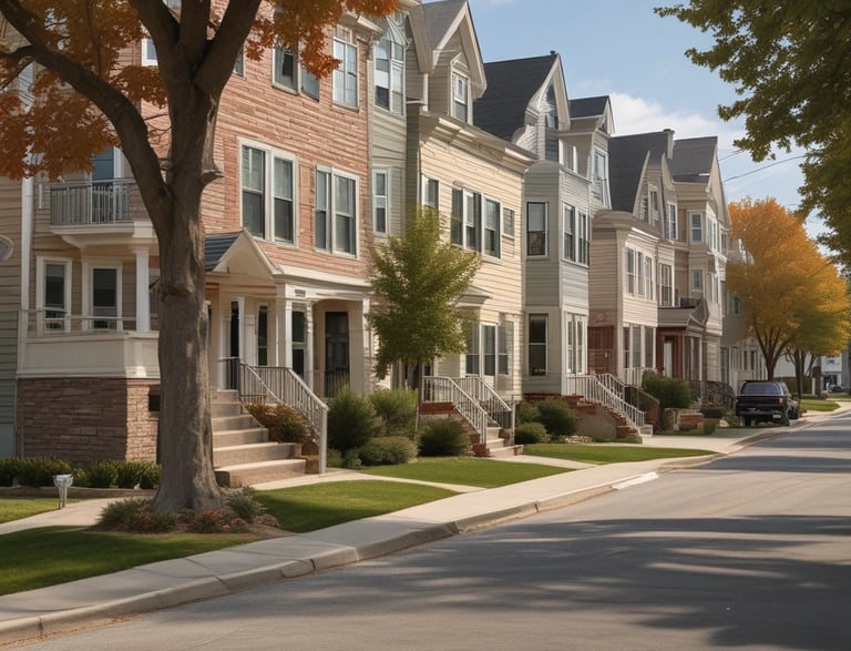 An aerial view of a suburban neighborhood displaying a network of streets and houses with neatly organized lawns and backyards. The landscape is characterized by a sprawling layout with similar-looking houses throughout the community.
