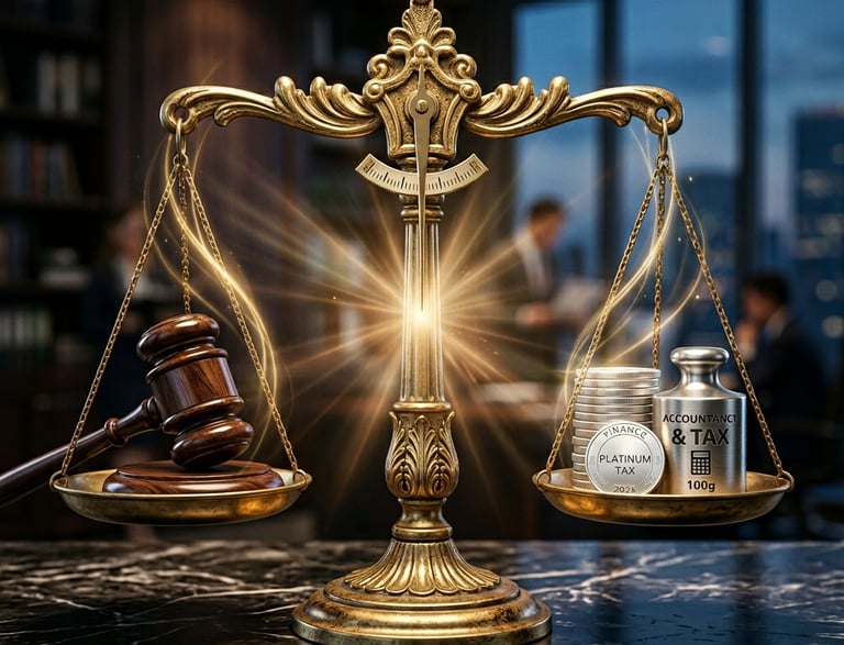 Scales balancing integrated litigation and tax advisory at Harsh Malik Law.