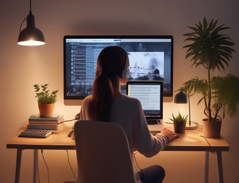 A cozy workspace with headphones, a laptop open to a music editing software, and soft ambient lighting.