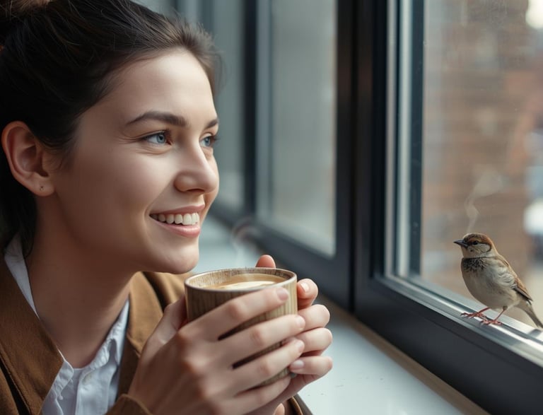 Young business owner smiling, looking out the window at a sparrow who helped her with marketing