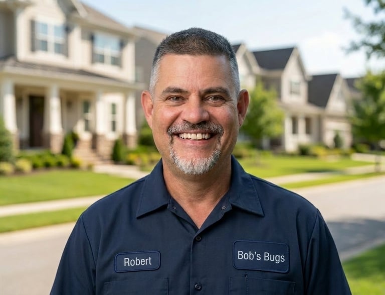 A friendly local exterminator from Bob's Bugs posing in a suburban residential neighborhood.
