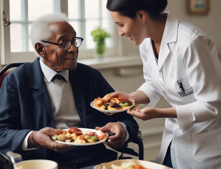 An elderly couple stands together, the woman seated in a wheelchair holding a blue folder with a gold logo. The man stands beside her, wearing a dark blue shirt with a patterned design. A decorative wall with a branching pattern and birds is in the background.