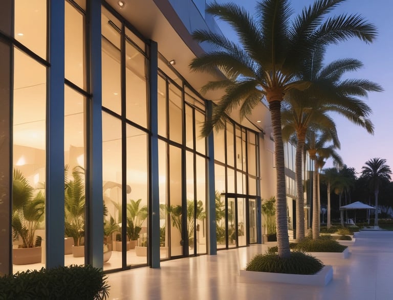 A modern high-rise building with glass windows stands alongside a long, rectangular swimming pool. Palm trees and neatly landscaped greenery line the walkway, creating a serene and upscale environment. A wooden deck area is visible in the foreground, and the sky is overcast.