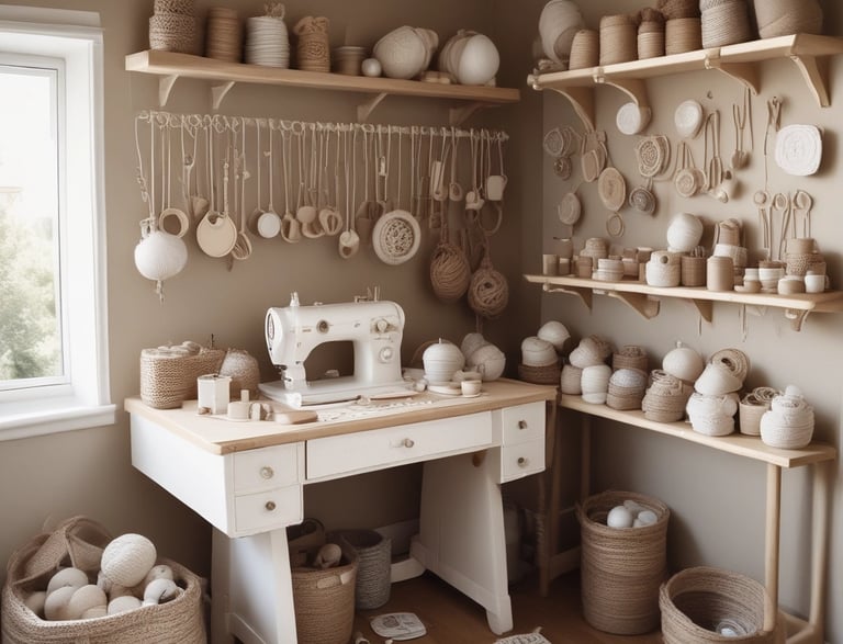 A cozy workspace with colorful handmade crafts and tools.