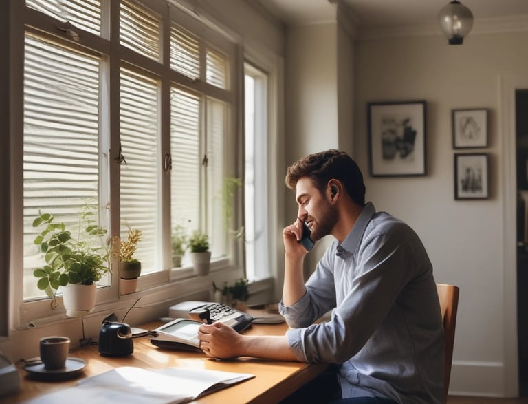 A friendly customer service representative at a desk with a phone.