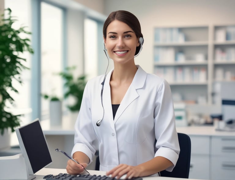 A dental setup is displayed with various tools and equipment. A monitor is showing a dental graphic, alongside tools like a scaler and a set of dental burs. The items are laid out on an orange mat.