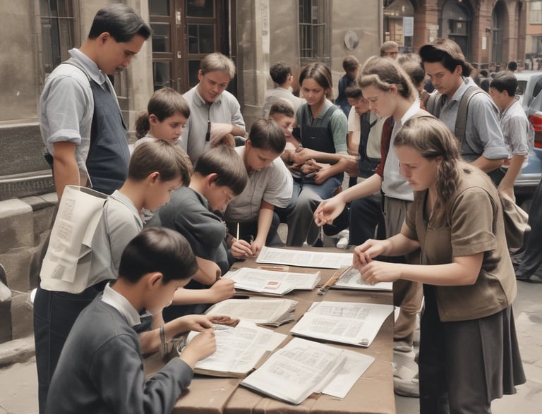 A group of young children is seated on small stools outdoors in an alleyway, attentively engaged with an adult woman standing nearby who appears to be teaching or talking to them. The scene is surrounded by various elements such as potted plants, a water cooler, parked motorcycles, and an arrangement of colorful items in the background. The children are wearing matching uniforms with white shirts and dark overalls.