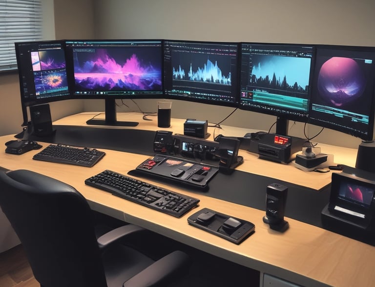A person wearing headphones and a denim jacket is operating a control system at a media production station. Other individuals are visible in the background, possibly working together. There are multiple screens showing different video feeds and audio equipment visible on the table.