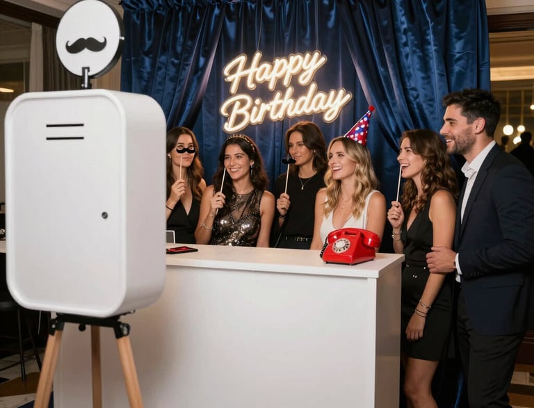 A sleek, modern photobooth setup glowing softly in a chic event space with beige and gold accents.