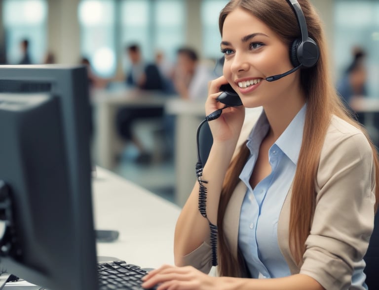 A friendly technician answering a phone call in a bright office