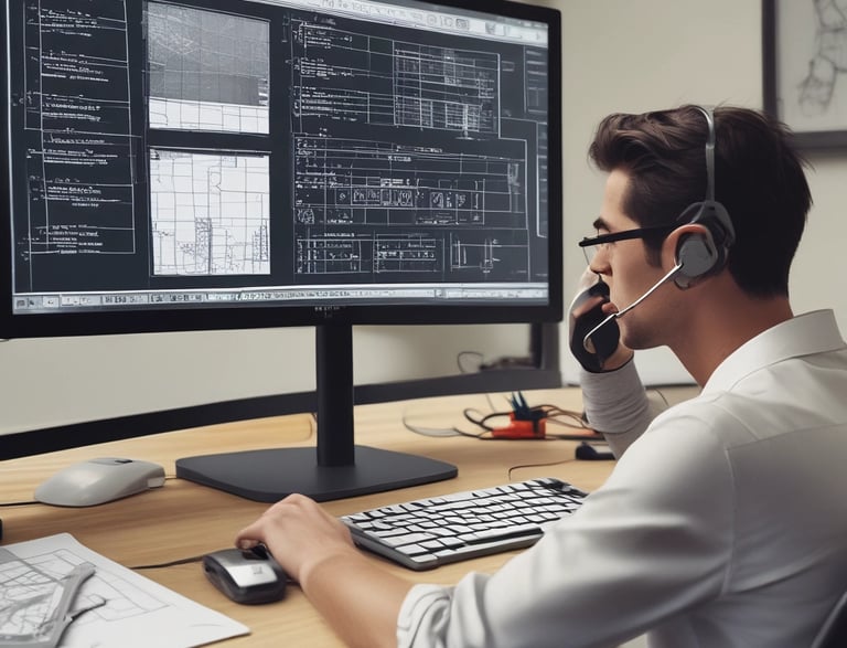 Technical engineer discussing mechanical blueprints with client in modern office.