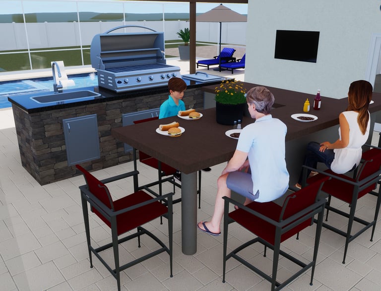 Modern outdoor kitchen and dining area with a stainless steel grill, stone island, and family eating by a pool.