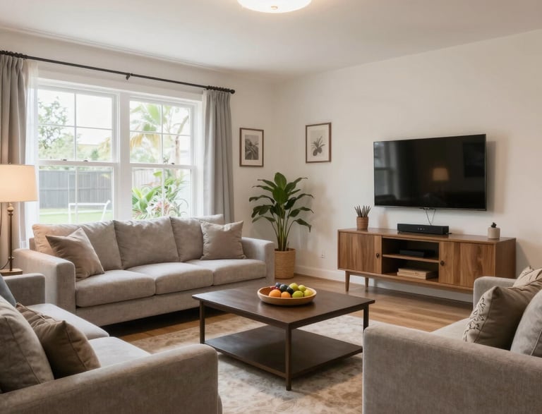 A cozy shared living room with warm lighting and comfortable seating.