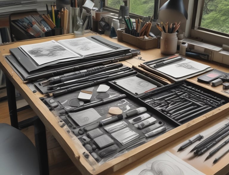 A minimalist artist's workspace with sketchbooks, pencils, and a camera on a clean white desk.