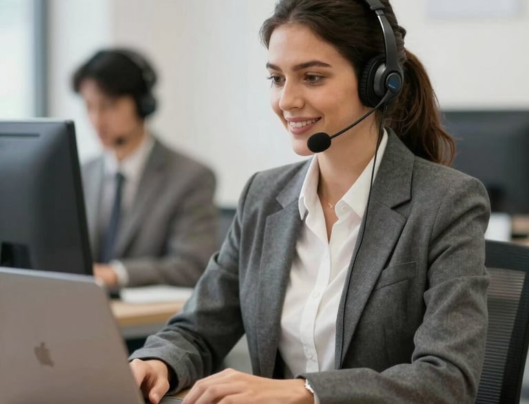 A person's hand holding a black landline telephone receiver over a digital office desk phone.