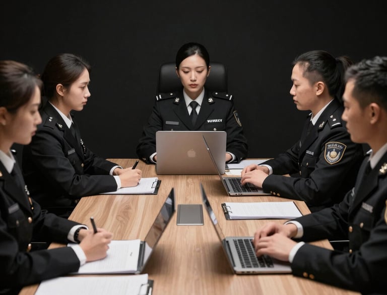 A diverse group of professionals collaborating around a table with laptops and documents.