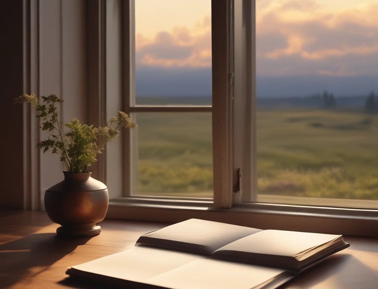 A cozy desk with a notebook, pen, and a warm cup of tea beside a window letting in soft sunlight.