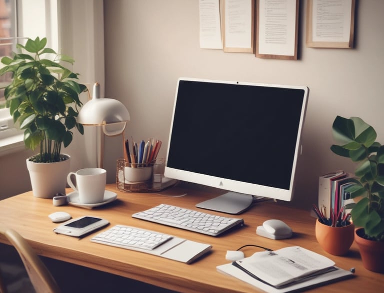 A warm, inviting workspace with a laptop and a cup of tea, symbolizing online therapy comfort