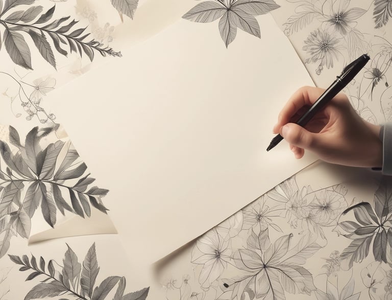 A cozy workspace with botanical sketches and handcrafted clay tags arranged neatly.