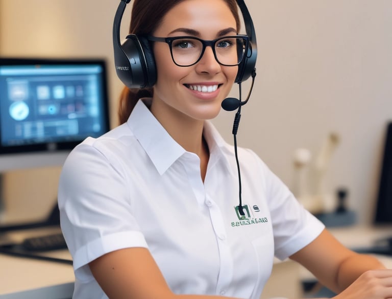 A friendly professional answering a phone call in a bright office.