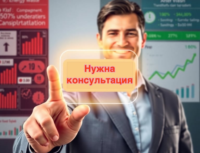 Мужчина в костюме и галстуке держит визитную карточку "нужна консультация"