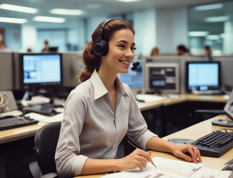 Photo of a friendly property manager answering a phone call in a bright office.