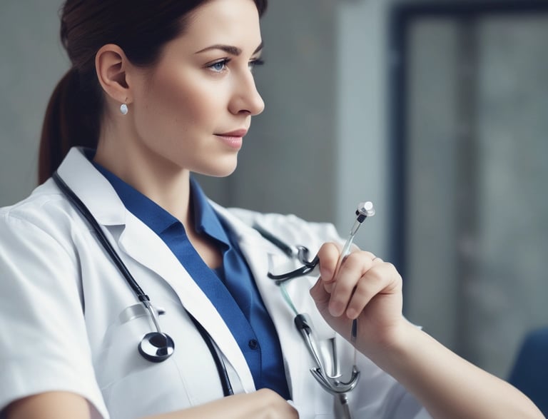A friendly medical transcriptionist wearing headphones, working diligently at a computer in a bright office.