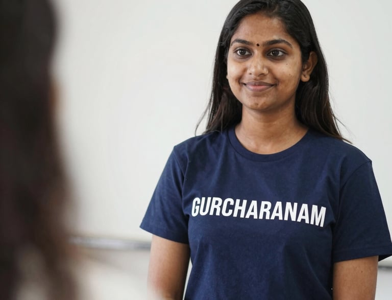 A friendly student and teacher chatting over a laptop in a bright, modern study space.