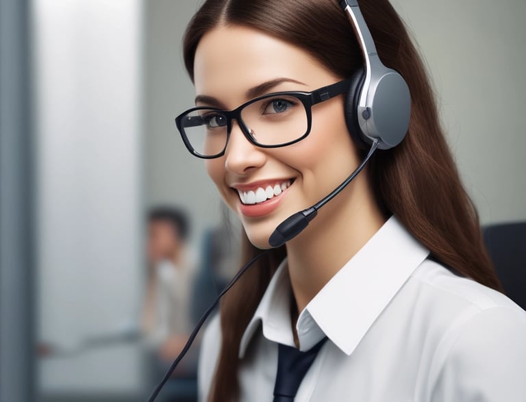 A friendly customer service representative with a headset, smiling and ready to assist.
